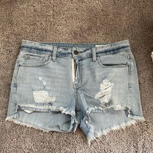 Blue Distressed Jean Shorts with Frayed Hem